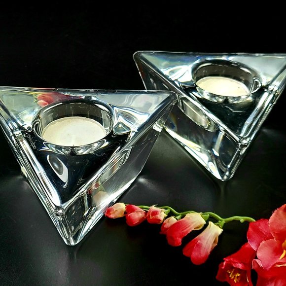Vintage Orrefors Crystal Triangle Votive Holders - Sweden - Pair